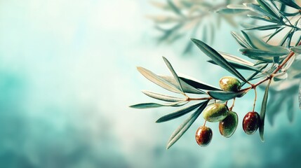 Close-up of Olive Branch with Green and Brown Olives Hanging on Tree Against Soft Blue Background Moody Lighting