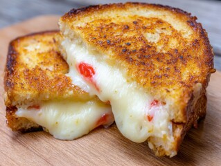 Close-up of Grilled Cheese Sandwich with Melted Cheese Pulling, Studio Shot on Wooden Board, Delicious Comfort Food