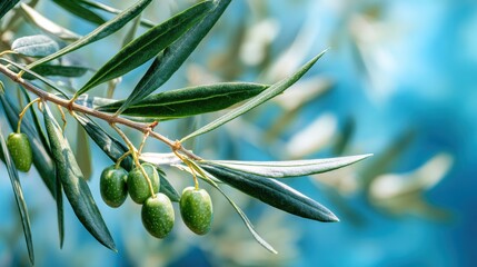 Close-up of Olive Branch with Green Olives on Blue Background in Sunlight, Mediterranean Agricultural Product, Healthy Food Ingredient