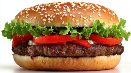 Close Up of Delicious Hamburger with Lettuce and Tomato on White Background Studio Shot