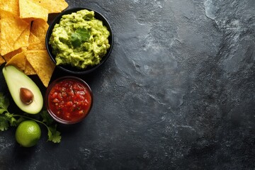 Guacamole Salsa and Tortilla Chips Overhead Flat Lay on Dark Textured Background Mexican Food Appetizer