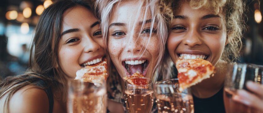 Three Diverse Young Women Enjoying Pizza and Drinks at a Restaurant Close Up Lifestyle Shot
