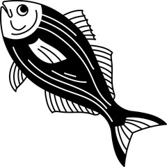 Solid line drawing of a fish, suitable for seafood menus, healthy eating, and marine themes.