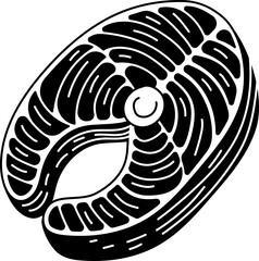 Solid line icon of a salmon steak cut, ideal for healthy food, diet, or seafood graphics.