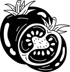 Solid line icon of tomatoes, including a whole and cut piece, ideal for food and health content.