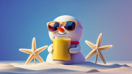 AI-generated image of a cute 3D snowman sipping a pineapple smoothie, escaping the winter cold