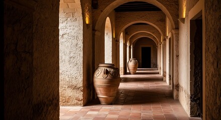 Arched stone hallway with terracotta urns and antique flooring, old world isolated on white background