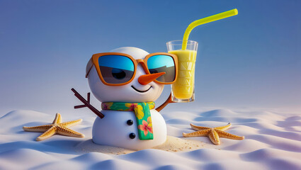 AI-generated image of a cute 3D snowman sipping a pineapple smoothie, escaping the winter cold