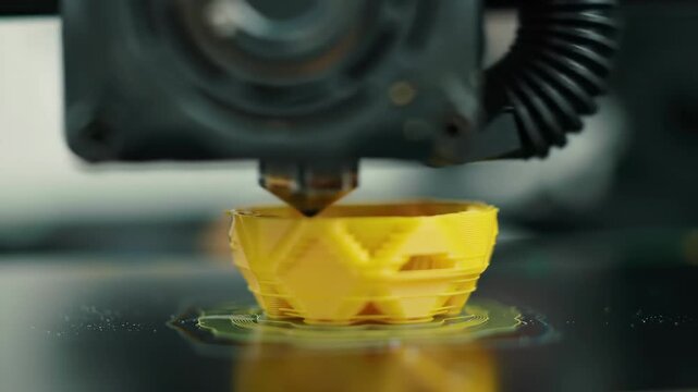 3D printing process creating a yellow object with intricate design.