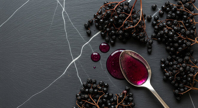 Elderberry Syrup and Berries on Dark Stone
Rich, dark still life featuring fresh black elderberries (Sambucus nigra) clustered on their stems, scattered across a textured