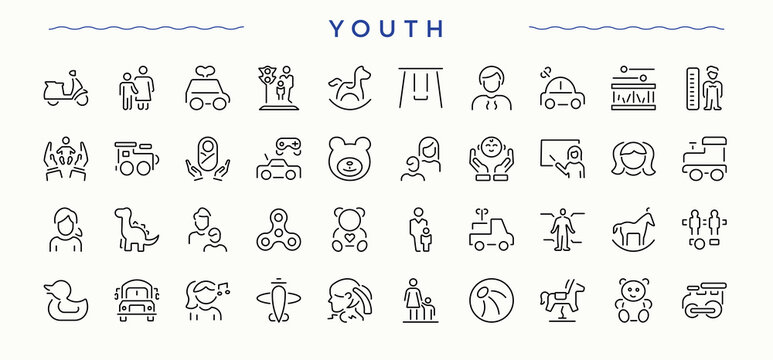 Youth related icon set. Contains related to kid, kids, toy and more. Toy icon collection. Set of line pictogram. Vector artwork and illustration.
