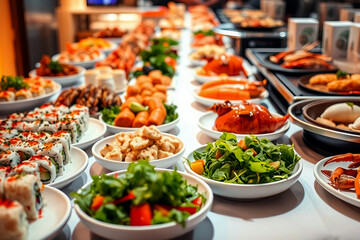 Fototapeta premium Buffet in a sushi restaurant. Delicious seafood and green food