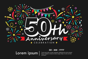 50th years anniversary celebration emblem with colorful fireworks, stars, bunting flag and ribbon on black background. vector illustration template design for web banner