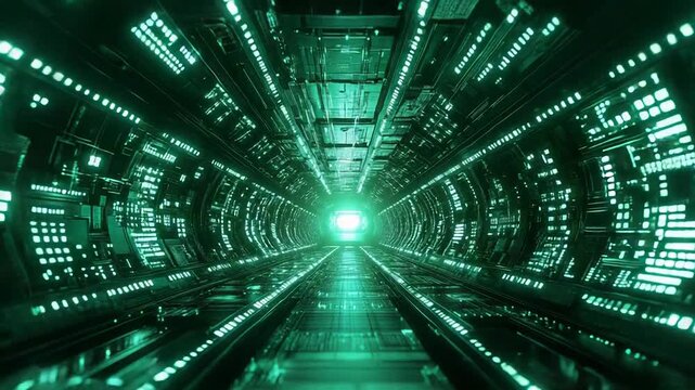 Futuristic green light hyperspeed digital data tunnel