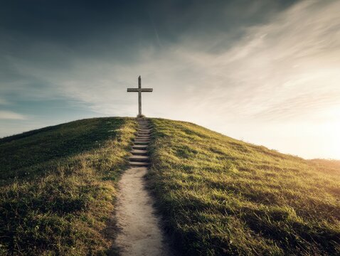Cross on Hilltop at Sunset with Path and Stairs Leading Upward Religious Symbol Christianity Faith Hope Ascension