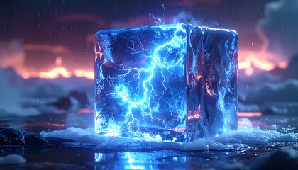 Glowing, crackling blue ice cube emitting electricity in a stormy landscape, reflecting sky