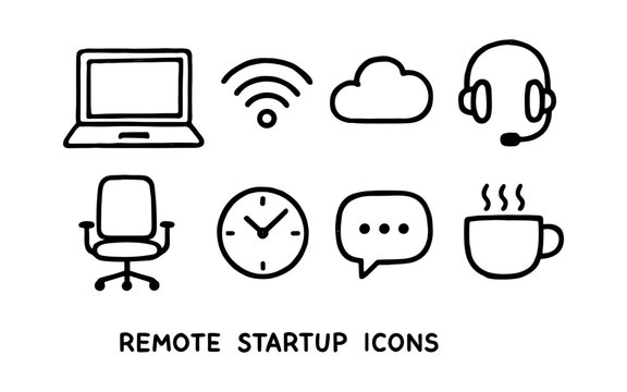 Simple line icons for remote work essentials and startup tools