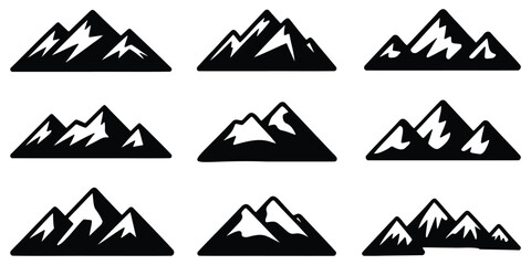 Mountain Silhouette Icons &ndash; Snow Peaks, Hill Range, Adventure Landscape Vector