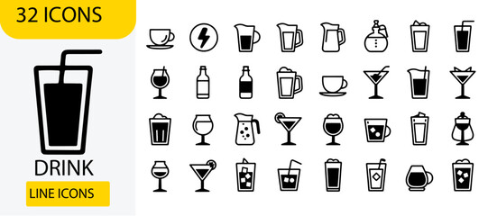 Drinks and Beverage Line Icons Set | Coffee, Juice, Cocktail, and Bar Vector Collection