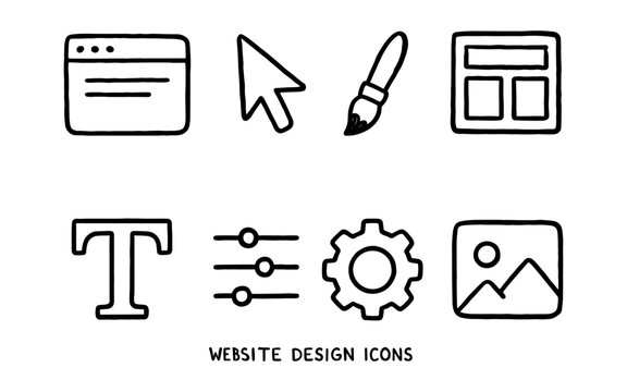 Hand drawn website design icon set featuring tools and elements