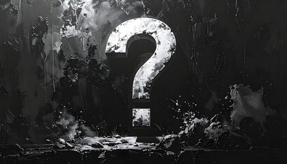 Grayscale question mark sits centrally amidst broken, splattered textures, evoking mystery and inquiry in dark tones