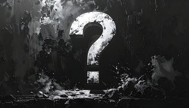 Grayscale question mark sits centrally amidst broken, splattered textures, evoking mystery and inquiry in dark tones