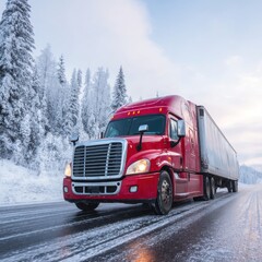 Red semi truck driving on icy road in winter landscape with snow covered trees transportation industry