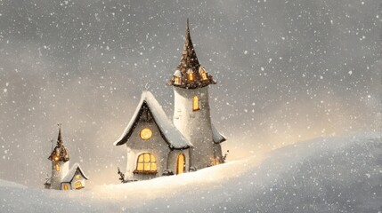 Whimsical snow covered fairytale cottage with glowing windows and tall spires in a gentle snowfall