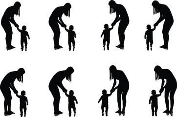 Flat vector silhouette of adult and child interaction poses, parenting moments, guidance, support, family bond, nurturing relationship, emotional connection