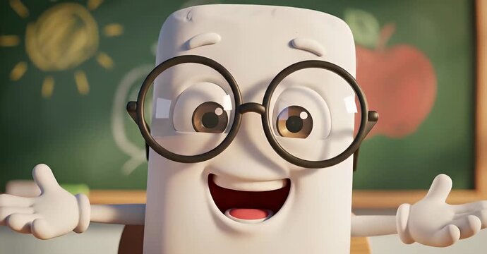 Cartoon eraser with glasses in front of a chalkboard with drawings.