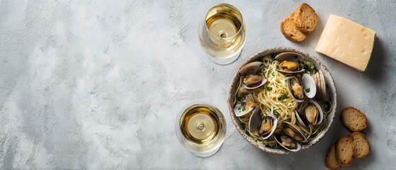 Overhead shot of linguine alle vongole with white wine cheese and bread on concrete background Italian cuisine