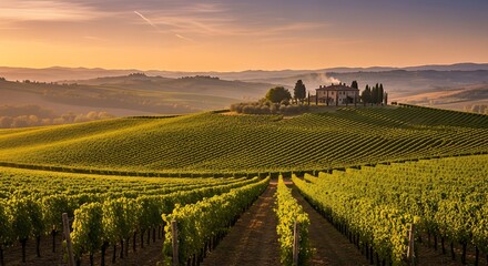 Golden hour illuminates rolling Tuscan vineyards with a charming villa nestled atop a verdant hill, creating a breathtaking idyllic landscape.