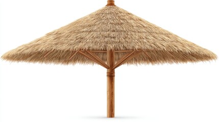 Isolated thatch umbrella providing shade on white background studio shot tropical vacation concept