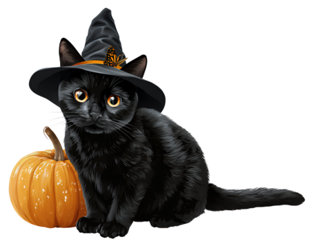 Cute black kitten wearing witch hat sitting near pumpkin halloween season celebration pets with animal friend autumn festive kitten