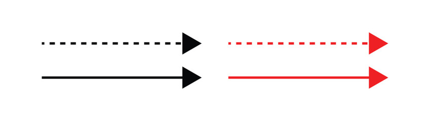 Straight dashed arrow icon set. Set of different style long straight vector arrows. Long dashed line arrow black and red. 