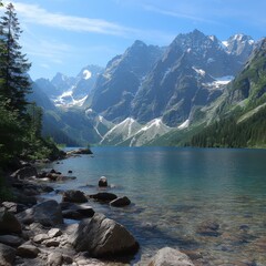 Scenic view of Morskie Oko lake Poland with rocky shore and mountain range backdrop on sunny day in summer