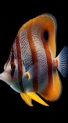 Copperband Butterflyfish Close-Up Portrait Against Black Backdrop; Marine Animal with Orange and White Stripes; Underwater Wildlife Photography; Tropical Fish