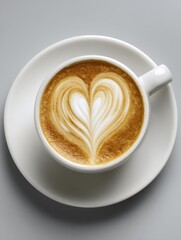 Heart latte art in white cup on saucer from above studio shot; coffee drink with foam design; simple background
