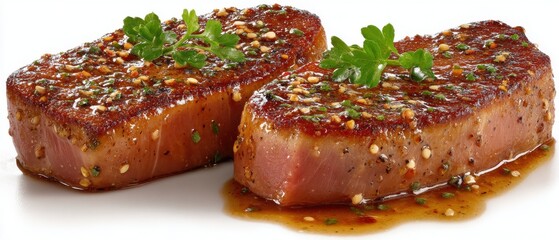 Seared Tuna Steaks with Sesame Seeds and Parsley Garnish Close Up Studio Shot Gourmet Cuisine Culinary Arts