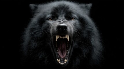 Dramatic close up of a black wolf snarling aggressively with sharp teeth against a dark background studio shot animal portrait