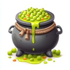 Cartoon Witch's Cauldron Overflowing with Green Potion and Orange Candies on White Background Halloween Illustration