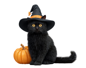 Black cat wearing witch hat sitting near pumpkin halloween season celebration pets with animal friend autumn festive and cute kitten