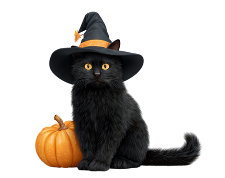 Black cat wearing witch hat sitting near pumpkin halloween season celebration pets with animal friend autumn festive and cute kitten - Powered by Adobe