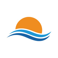 Fototapeta premium Stylized sun and ocean waves abstract logo design concept art. Vector