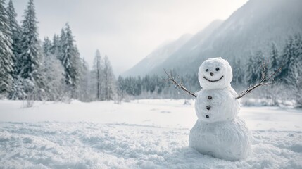 Fototapeta premium A cheerful snowman stands in a snowy winter landscape surrounded by snow covered pine trees and mountains