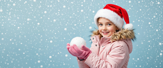 Fototapeta premium Happy little girl in a Santa hat holding a snowball. Cheerful child in a pink winter jacket playing with snow on a blue background. Christmas holiday banner with copy space for text