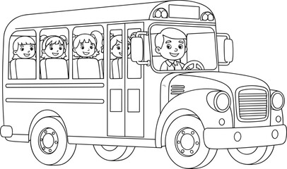 Cartoon school bus with children and driver, black and white vector drawing, educational transport illustration, fun kids artwork, classroom learning icon © crazycollection