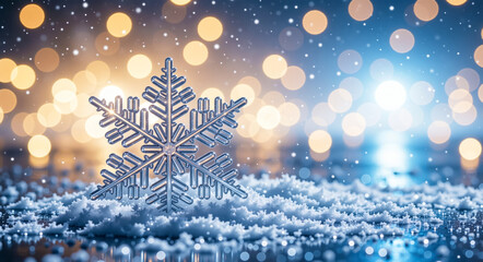 A large crystal snowflake on a bed of snow. Winter holiday background with festive blue and gold bokeh lights. Christmas and New Year celebration concept
