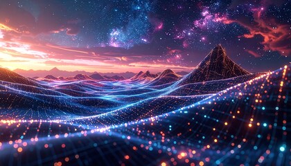 Glowing data mesh landscape under a vibrant, cloudy, star-filled sky, suggesting a futuristic simulation