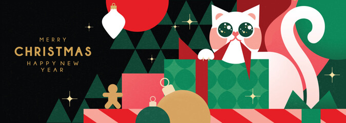 Christmas banner in contemporary flat minimalist style with cute misbehaving cat. Design for Holiday banner, advent calendar or greeting card. Vector illustration 